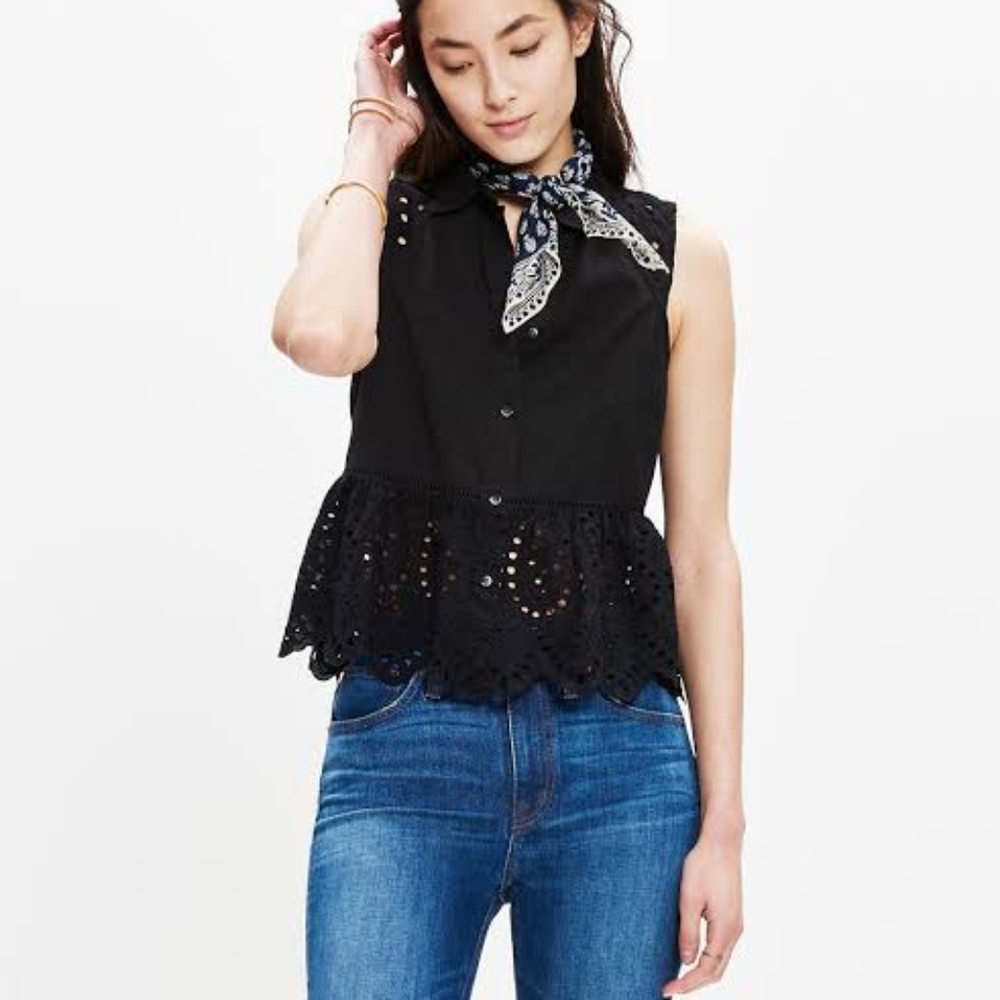 Madewell XS Black Eyelet Mix Top